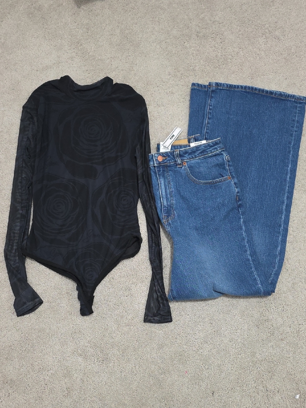 Black Long-Sleeve Floral Mesh Bodysuit